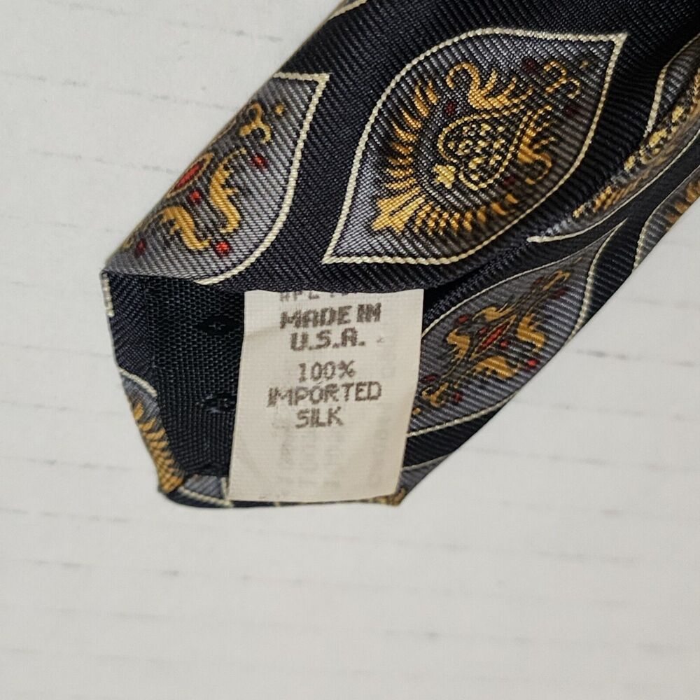 Oscar de la Renta Made in USA Mens Silk Tie 4"x56" Blue Grey Yellow Medallion - Picture 5 of 6
